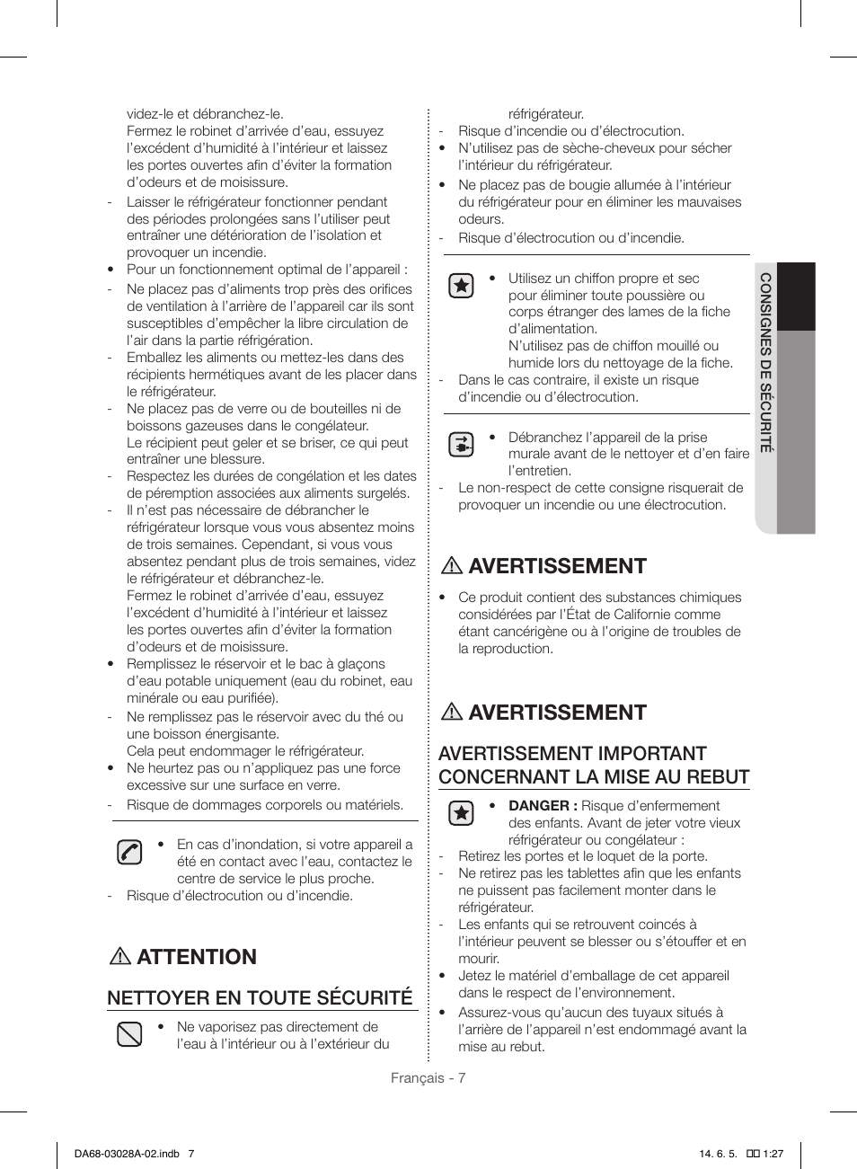 Attention, Avertissement, Nettoyer en toute sécurité | Samsung RF30HDEDTSR-AA User Manual | Page 91 / 124