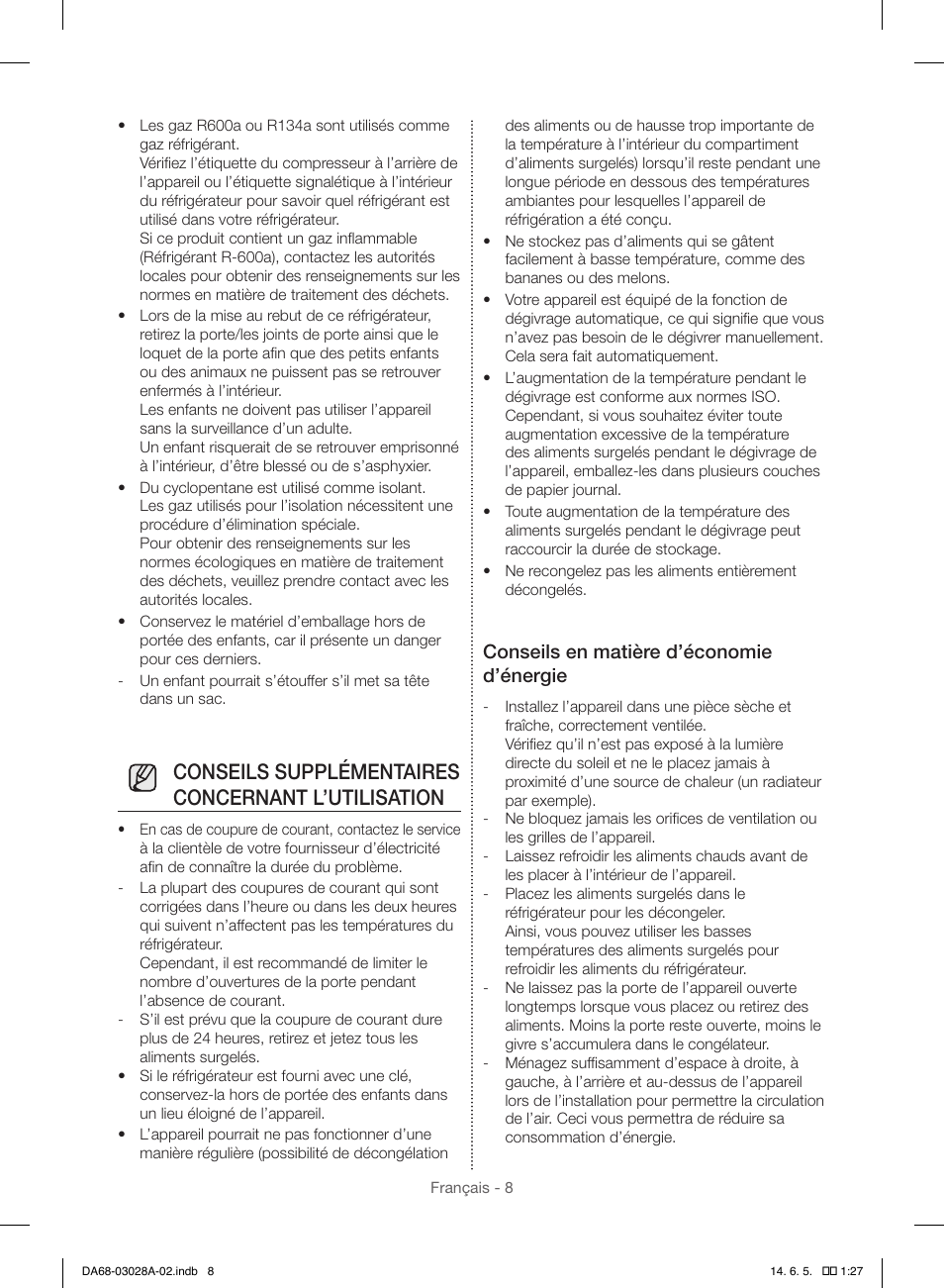 Conseils supplémentaires concernant l’utilisation, Conseils en matière d’économie d’énergie | Samsung RF30HDEDTSR-AA User Manual | Page 92 / 124