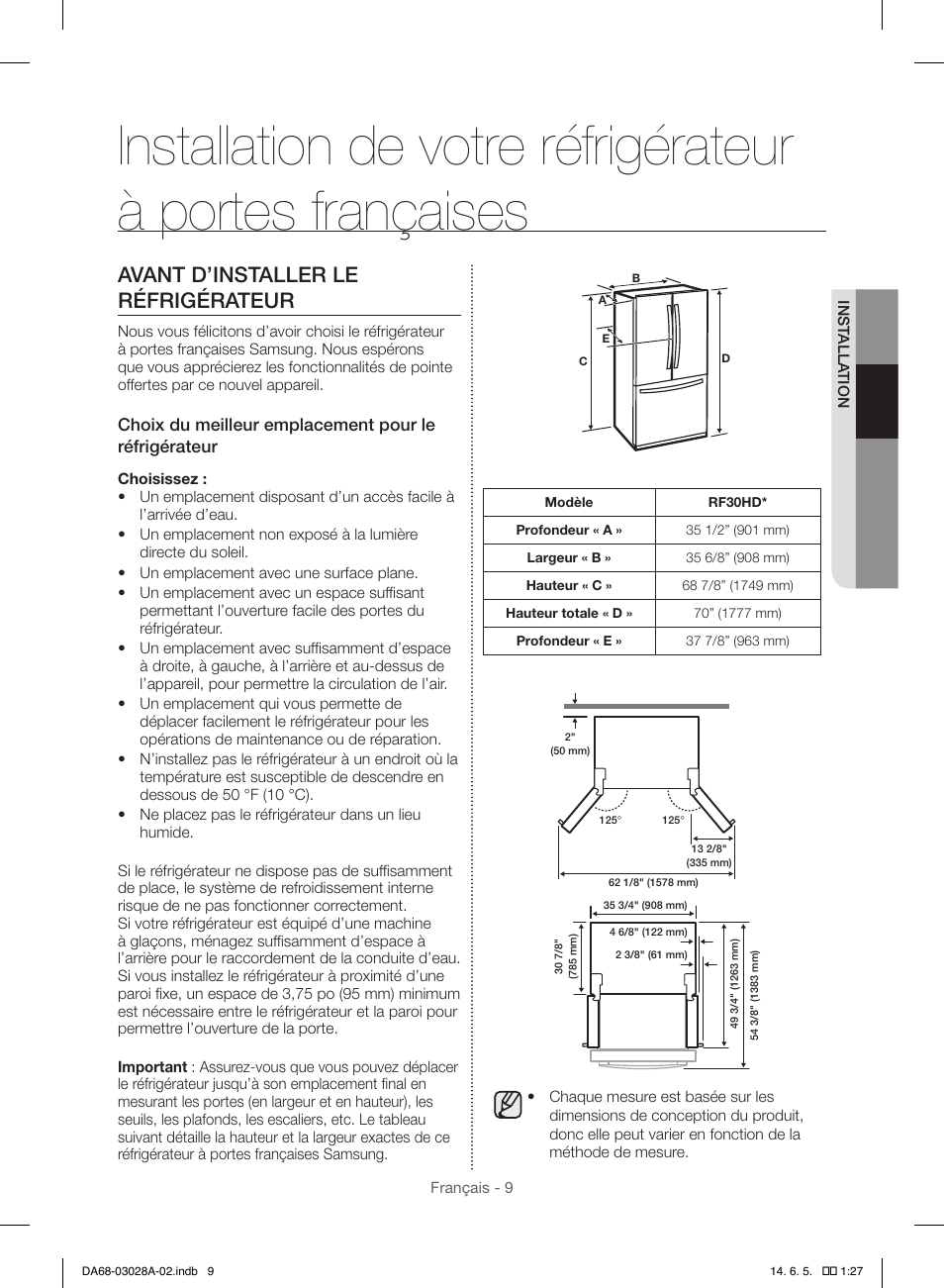 Avant d’installer le réfrigérateur | Samsung RF30HDEDTSR-AA User Manual | Page 93 / 124