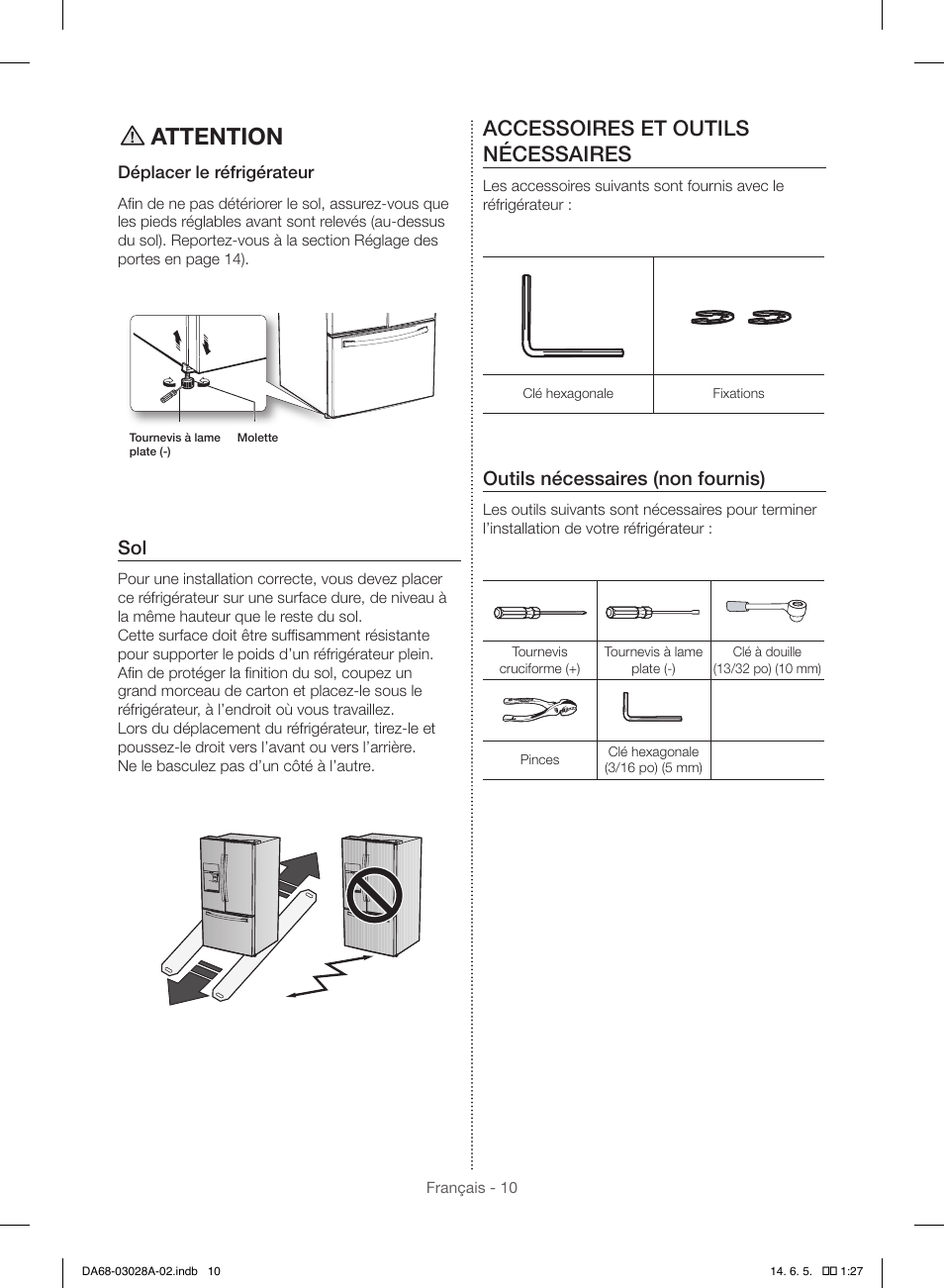 Attention, Accessoires et outils nécessaires, Outils nécessaires (non fournis) | Samsung RF30HDEDTSR-AA User Manual | Page 94 / 124