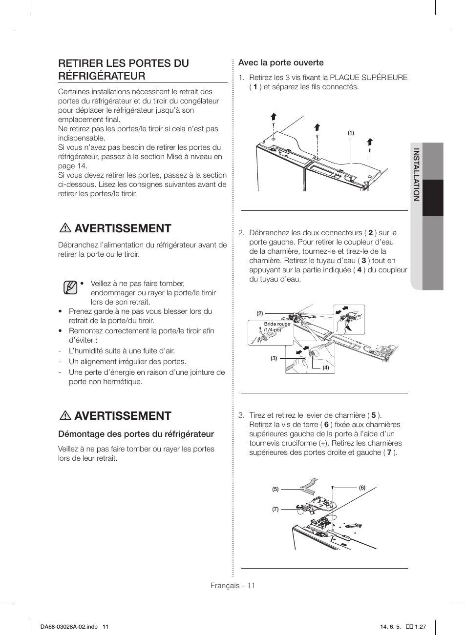 Avertissement, Retirer les portes du réfrigérateur | Samsung RF30HDEDTSR-AA User Manual | Page 95 / 124