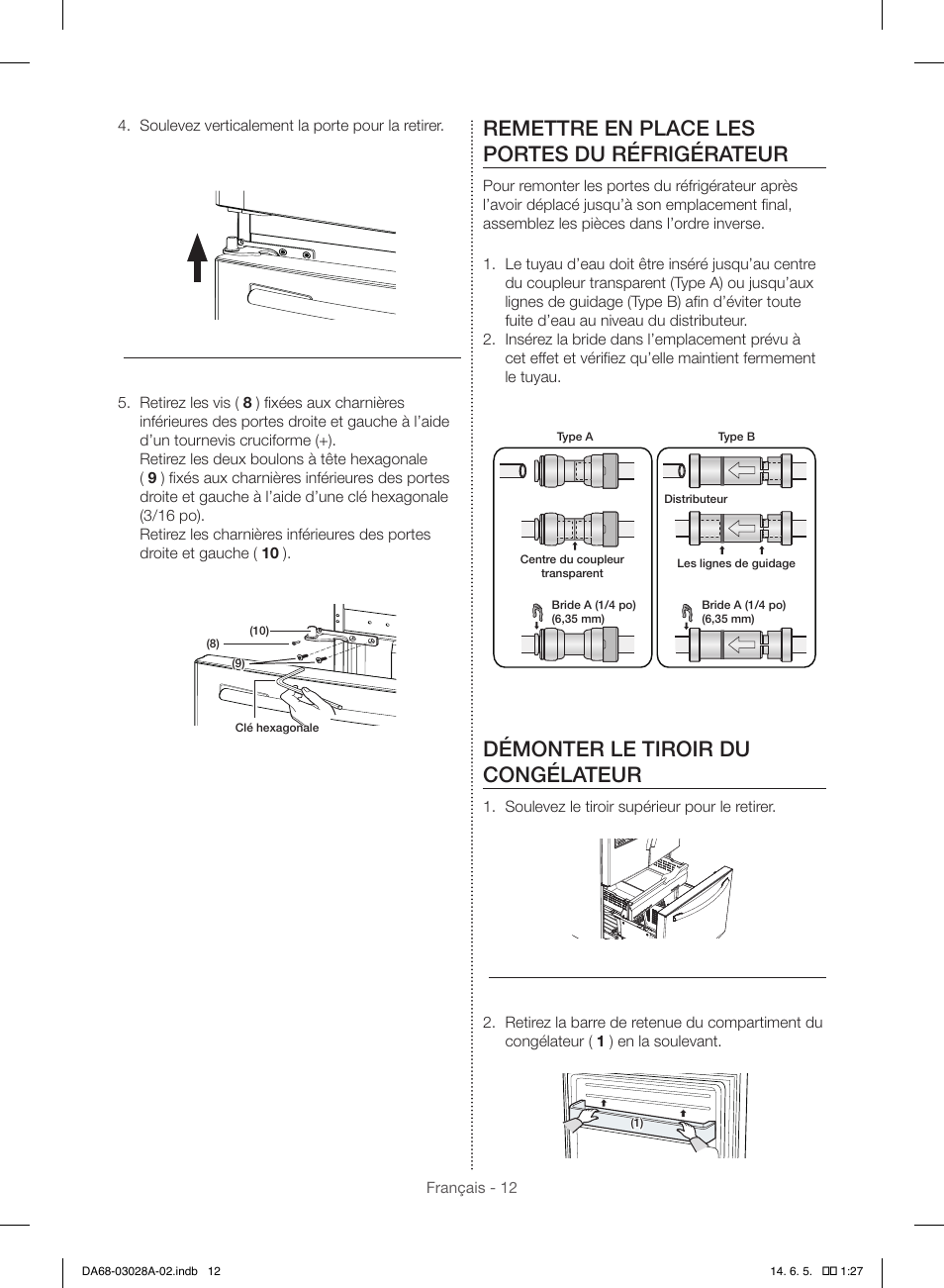 Remettre en place les portes du réfrigérateur, Démonter le tiroir du congélateur | Samsung RF30HDEDTSR-AA User Manual | Page 96 / 124