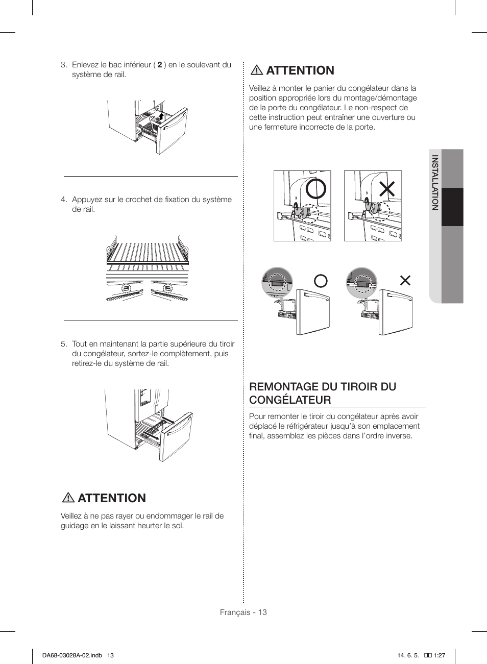 Attention, Remontage du tiroir du congélateur | Samsung RF30HDEDTSR-AA User Manual | Page 97 / 124