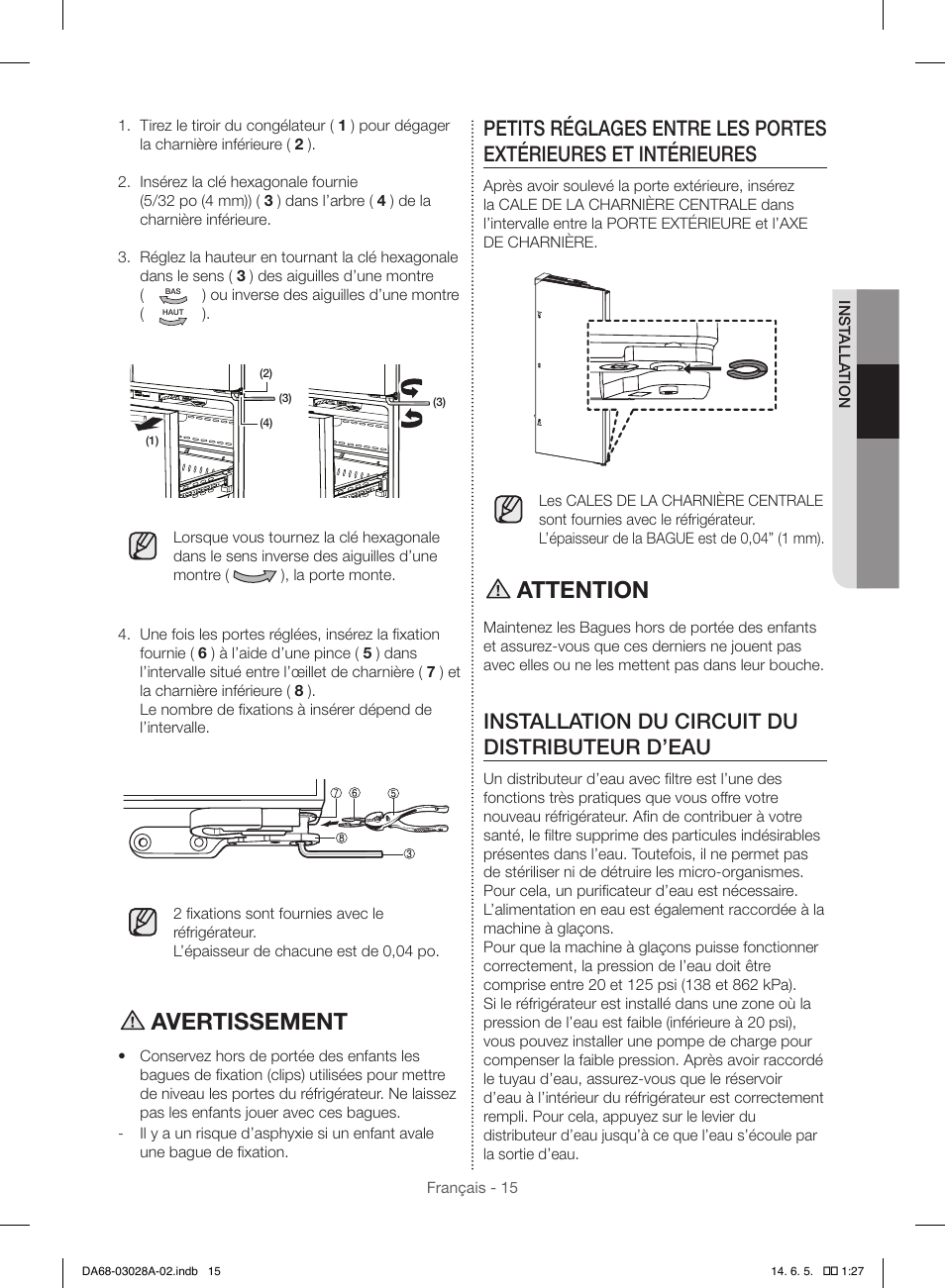 Avertissement, Attention, Installation du circuit du distributeur d’eau | Samsung RF30HDEDTSR-AA User Manual | Page 99 / 124