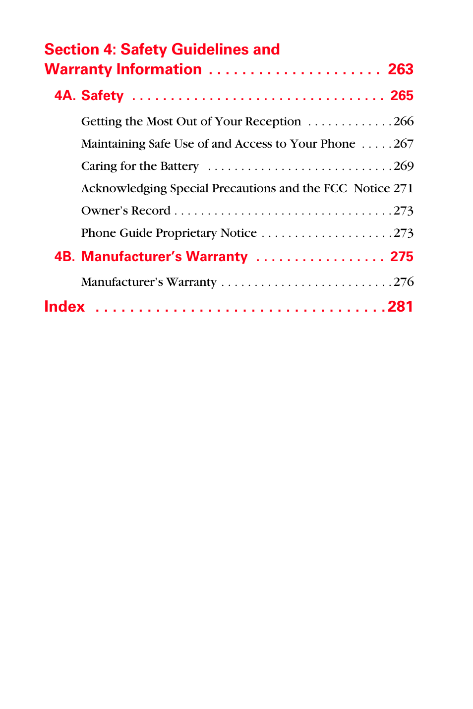 4a. safety 265, 4b. manufacturer’s warranty 275, Index | Samsung SPH-A880TSSXAR User Manual | Page 11 / 298