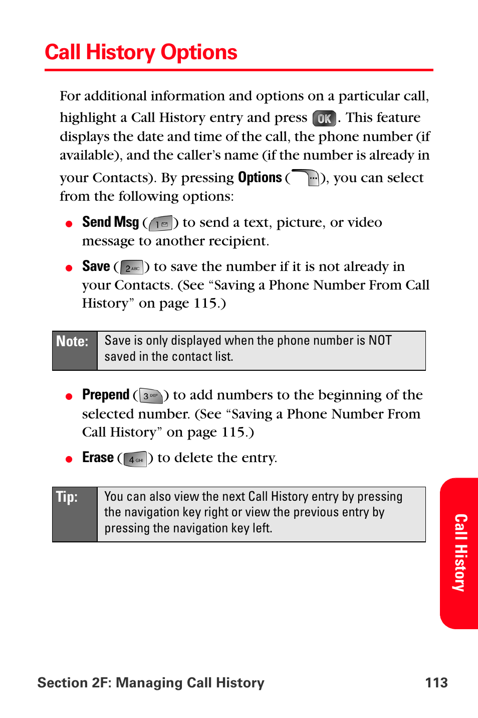 Call history options | Samsung SPH-A880TSSXAR User Manual | Page 127 / 298