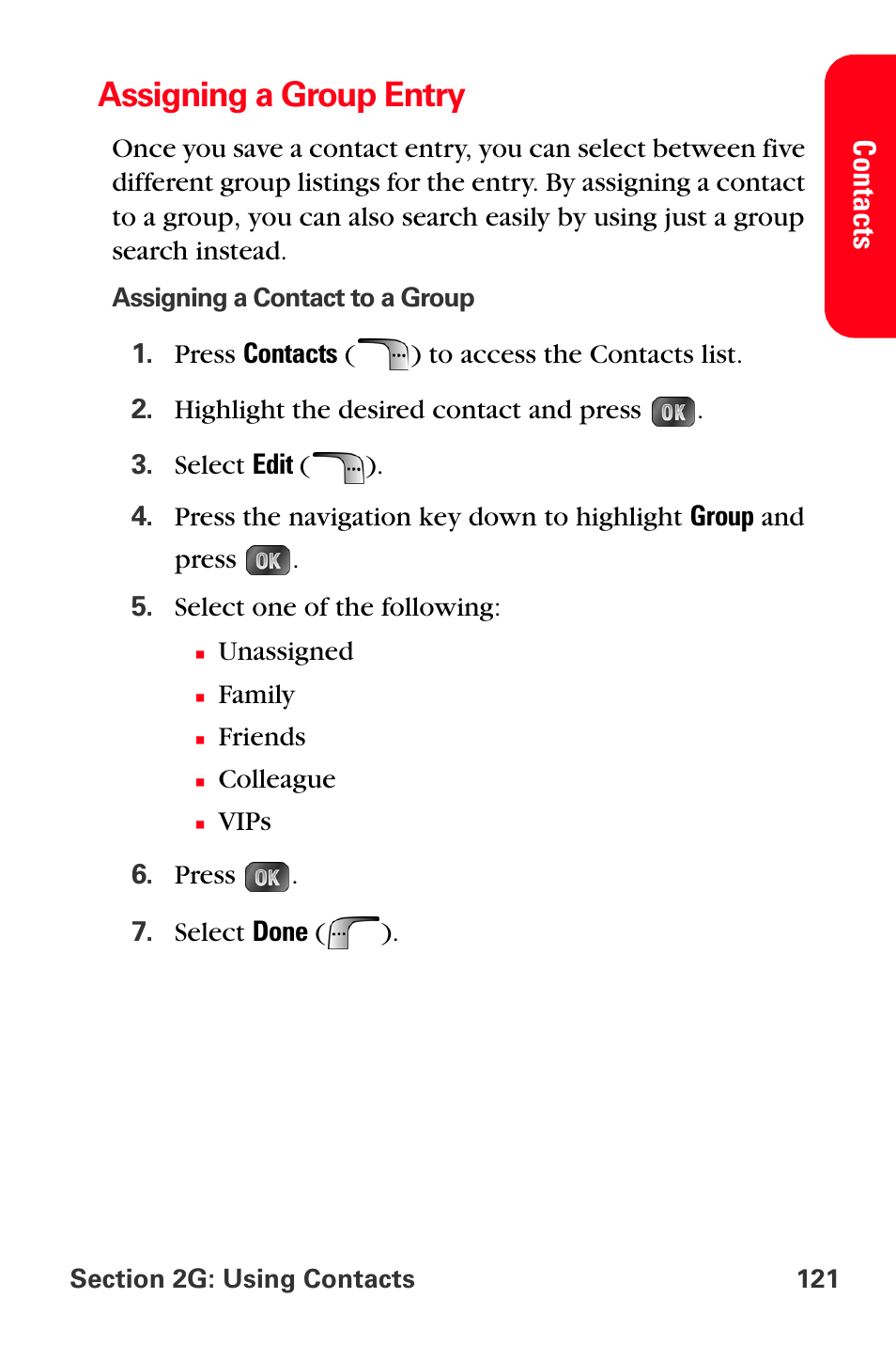 Assigning a group entry, Conta c ts | Samsung SPH-A880TSSXAR User Manual | Page 135 / 298