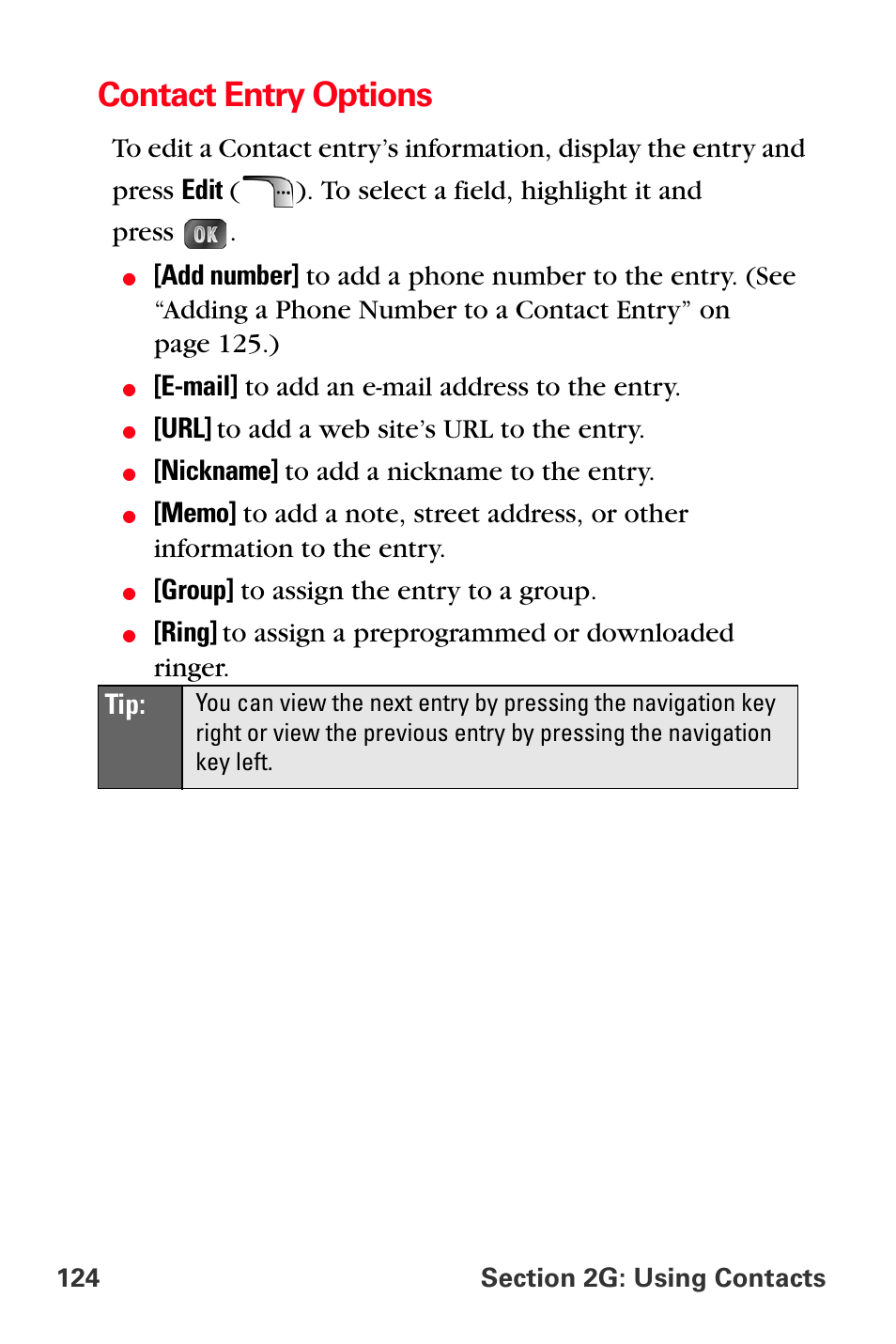 Contact entry options, E-mail] to add an e-mail address to the entry, Url] to add a web site’s url to the entry | Nickname] to add a nickname to the entry, Group] to assign the entry to a group | Samsung SPH-A880TSSXAR User Manual | Page 138 / 298