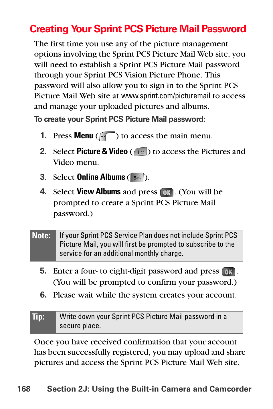 Creating your sprint pcs picture mail password | Samsung SPH-A880TSSXAR User Manual | Page 182 / 298