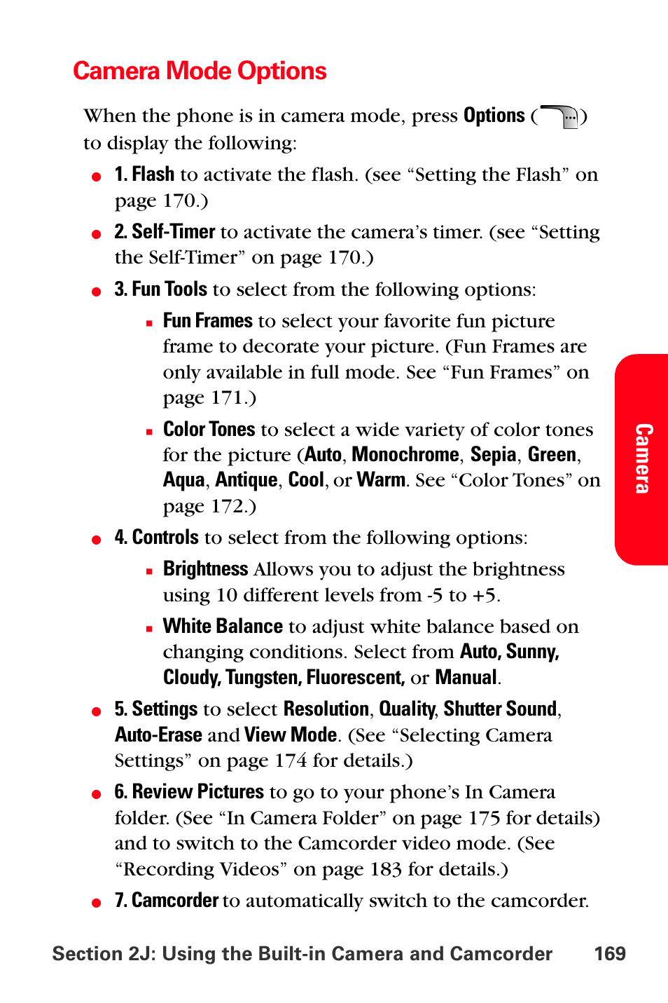 Camera mode options, Camer a, Fun tools to select from the following options | Controls to select from the following options, Camcorder to automatically switch to the camcorder | Samsung SPH-A880TSSXAR User Manual | Page 183 / 298