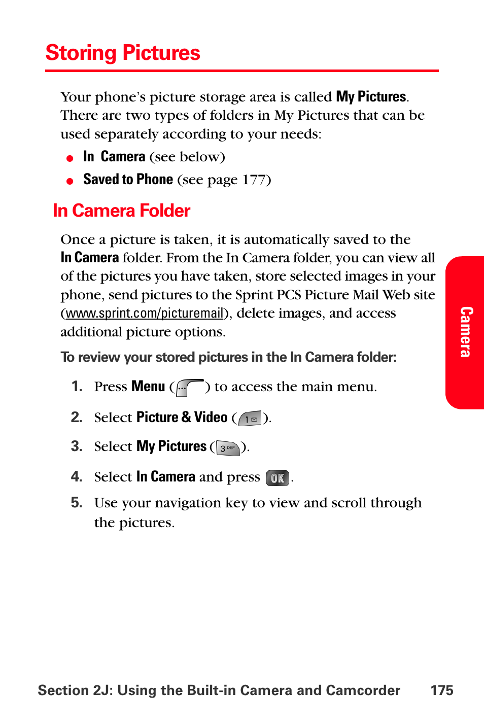 Storing pictures, In camera folder | Samsung SPH-A880TSSXAR User Manual | Page 189 / 298