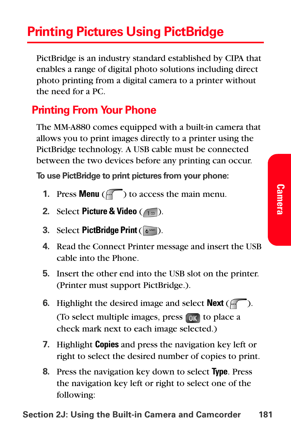 Printing pictures using pictbridge, Printing from your phone | Samsung SPH-A880TSSXAR User Manual | Page 195 / 298