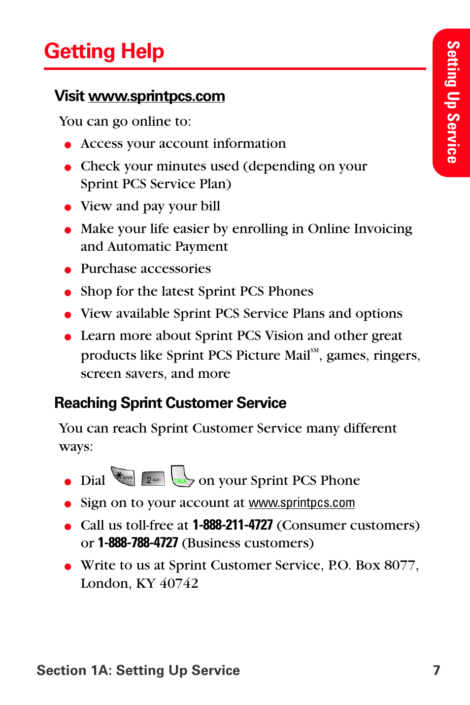 Getting help, Se tti ng up s e rv ice, Reaching sprint customer service | You can go online to, Access your account information, View and pay your bill, Purchase accessories, Shop for the latest sprint pcs phones, Games, ringers, screen savers, and more, Dial on your sprint pcs phone | Samsung SPH-A880TSSXAR User Manual | Page 21 / 298