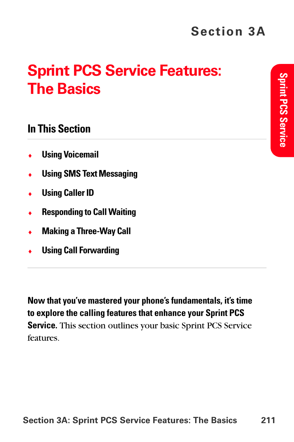 Sprint pcs service features: the basics, 3a. sprint pcs service features: the basics, Sp rint p cs service | Samsung SPH-A880TSSXAR User Manual | Page 225 / 298
