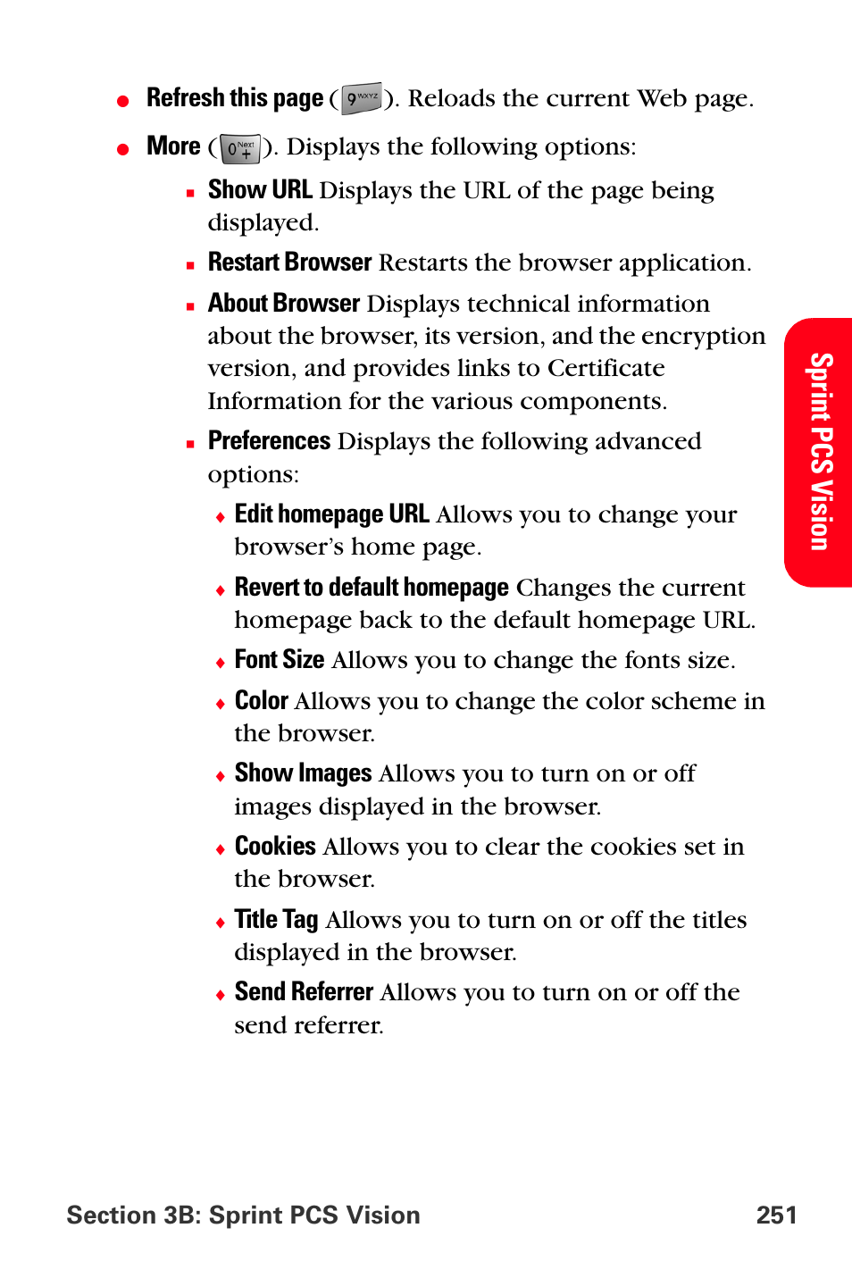 Sprint p cs v ision, More ( ). displays the following options, Restart browser restarts the browser application | Font size allows you to change the fonts size | Samsung SPH-A880TSSXAR User Manual | Page 265 / 298
