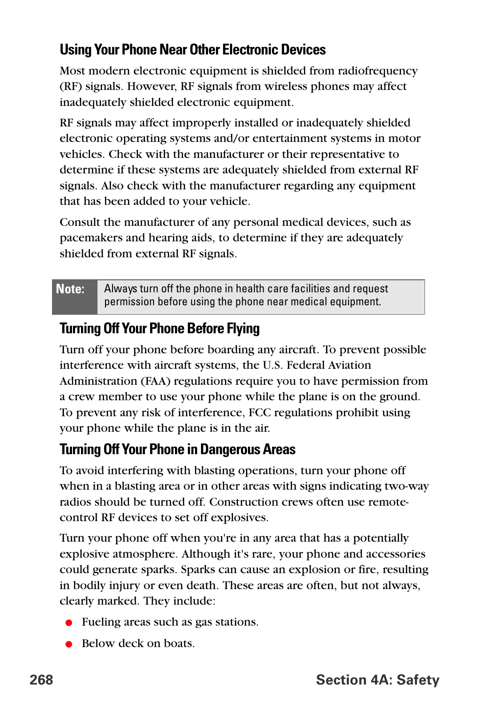 Using your phone near other electronic devices, Turning off your phone before flying, Turning off your phone in dangerous areas | Samsung SPH-A880TSSXAR User Manual | Page 282 / 298