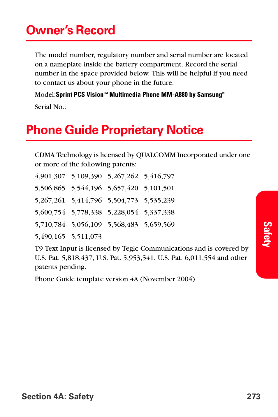 Owner’s record, Phone guide proprietary notice, Safety | Samsung SPH-A880TSSXAR User Manual | Page 287 / 298