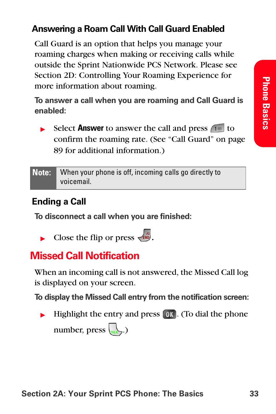 Missed call notification, Pho ne basi cs | Samsung SPH-A880TSSXAR User Manual | Page 47 / 298