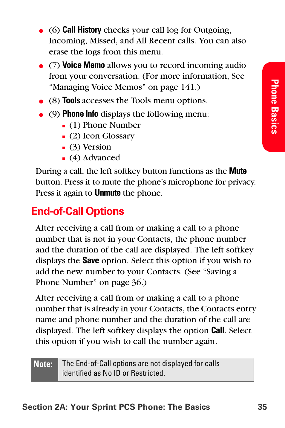 End-of-call options, Pho ne basi cs, 8) tools accesses the tools menu options | 9) phone info displays the following menu, 1) phone number, 2) icon glossary, 3) version | Samsung SPH-A880TSSXAR User Manual | Page 49 / 298
