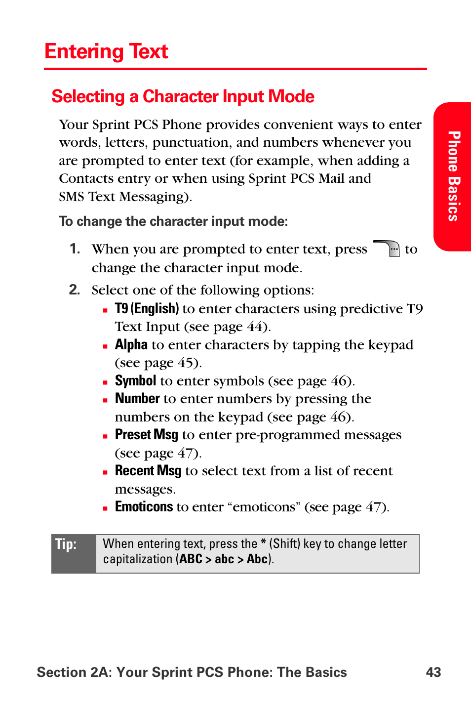 Entering text, Selecting a character input mode, Pho ne basi cs | Samsung SPH-A880TSSXAR User Manual | Page 57 / 298