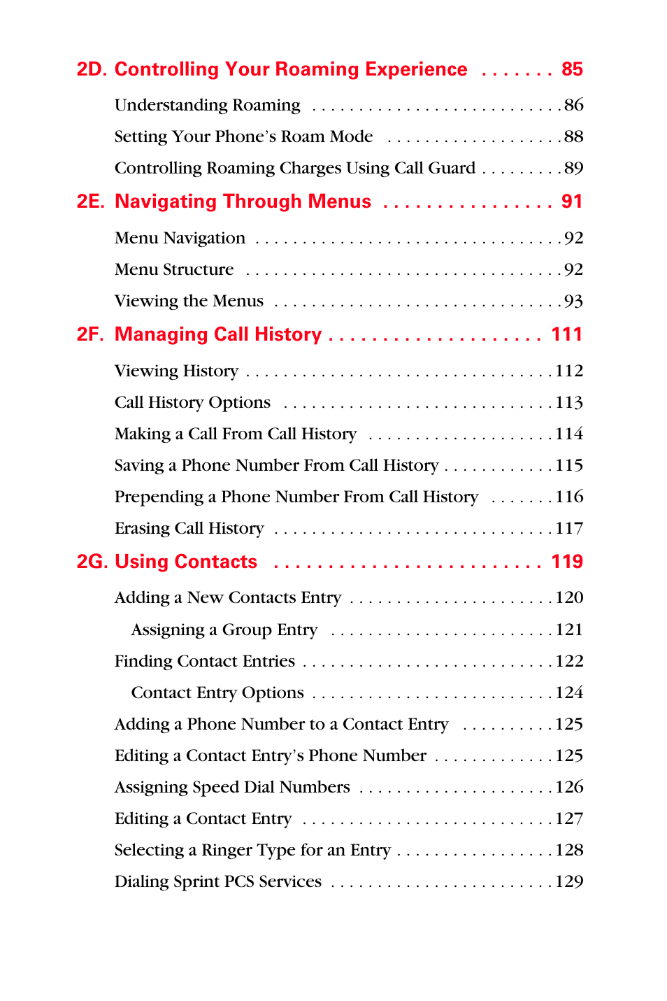 2d. controlling your roaming experience 85, 2e. navigating through menus 91, 2f. managing call history 111 | 2g. using contacts 119 | Samsung SPH-A880TSSXAR User Manual | Page 6 / 298