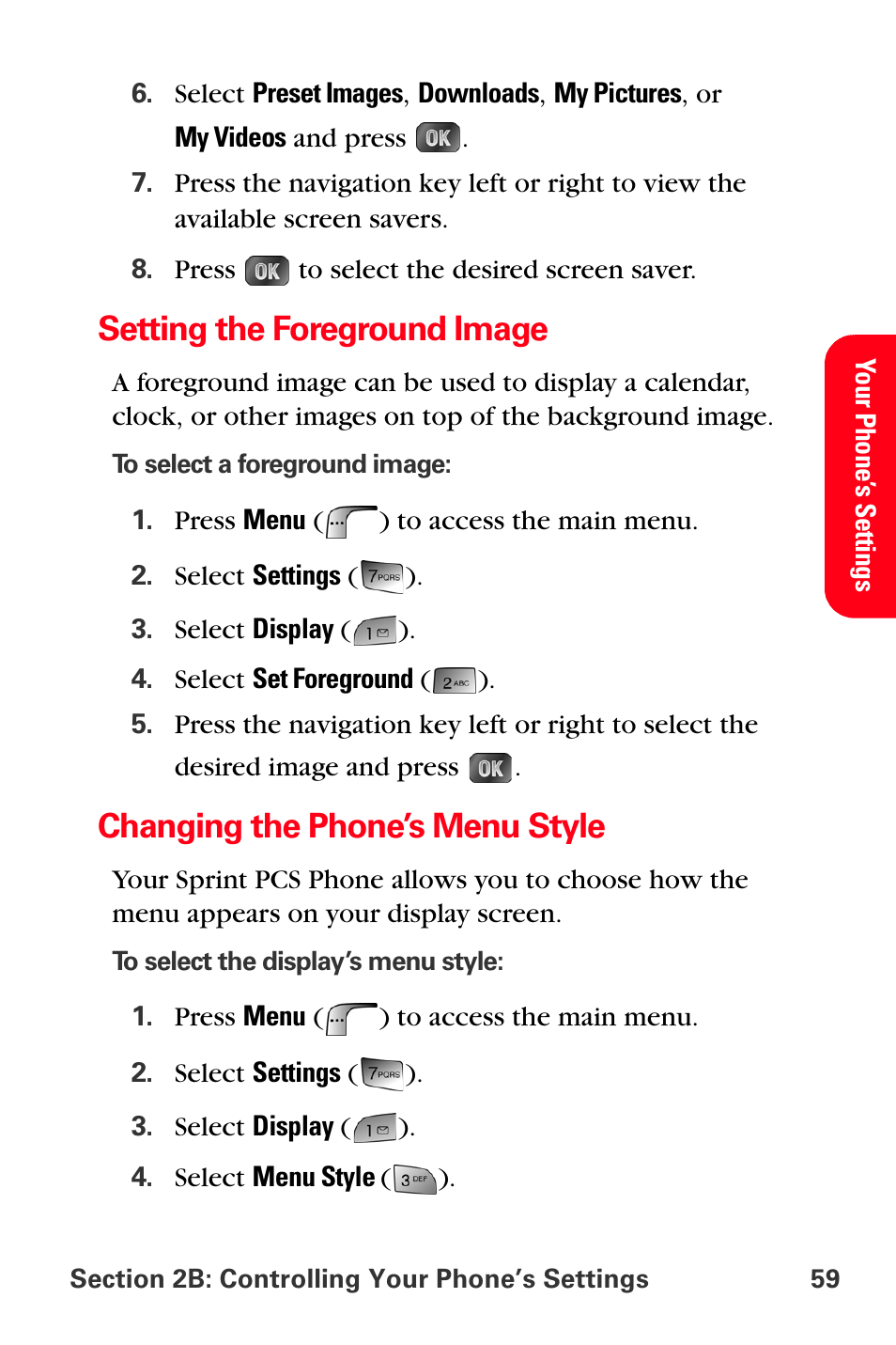 Setting the foreground image, Changing the phone’s menu style | Samsung SPH-A880TSSXAR User Manual | Page 73 / 298