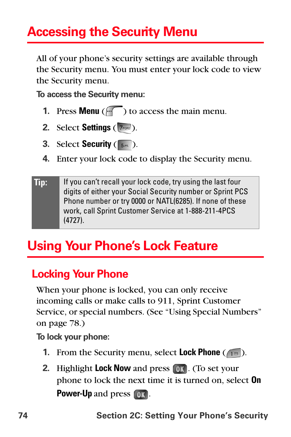 Accessing the security menu, Using your phone’s lock feature, Locking your phone | Samsung SPH-A880TSSXAR User Manual | Page 88 / 298
