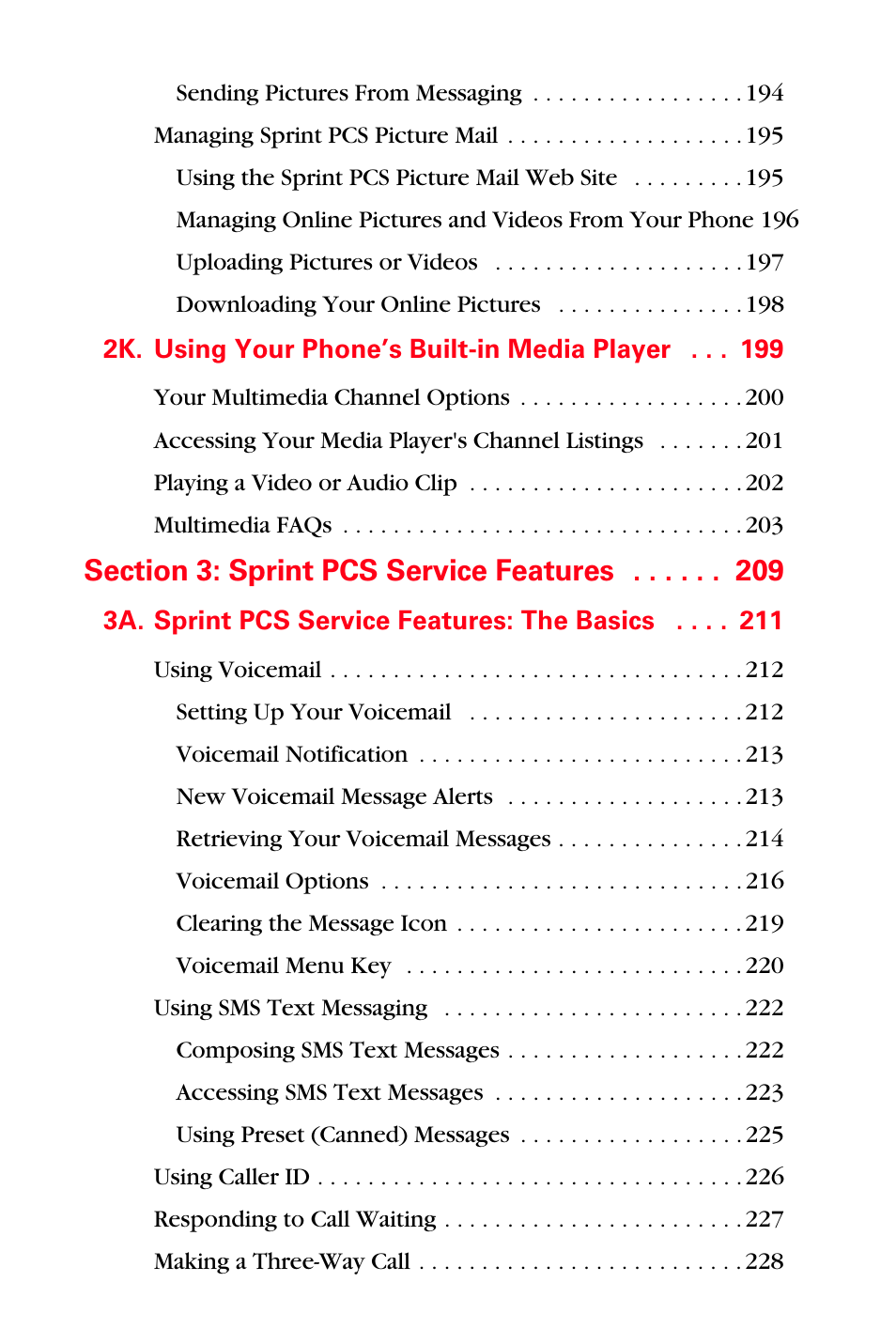 2k. using your phone’s built-in media player 199, Section 3: sprint pcs service features 209, 3a. sprint pcs service features: the basics 211 | Samsung SPH-A880TSSXAR User Manual | Page 9 / 298