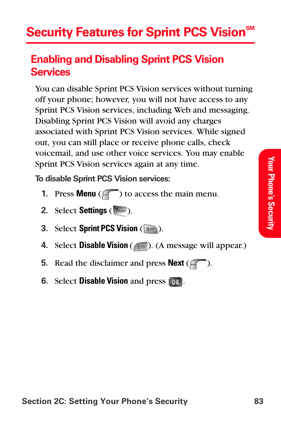 Security features for sprint pcs visionsm, Enabling and disabling sprint pcs vision services, Security features for sprint pcs vision | Samsung SPH-A880TSSXAR User Manual | Page 97 / 298