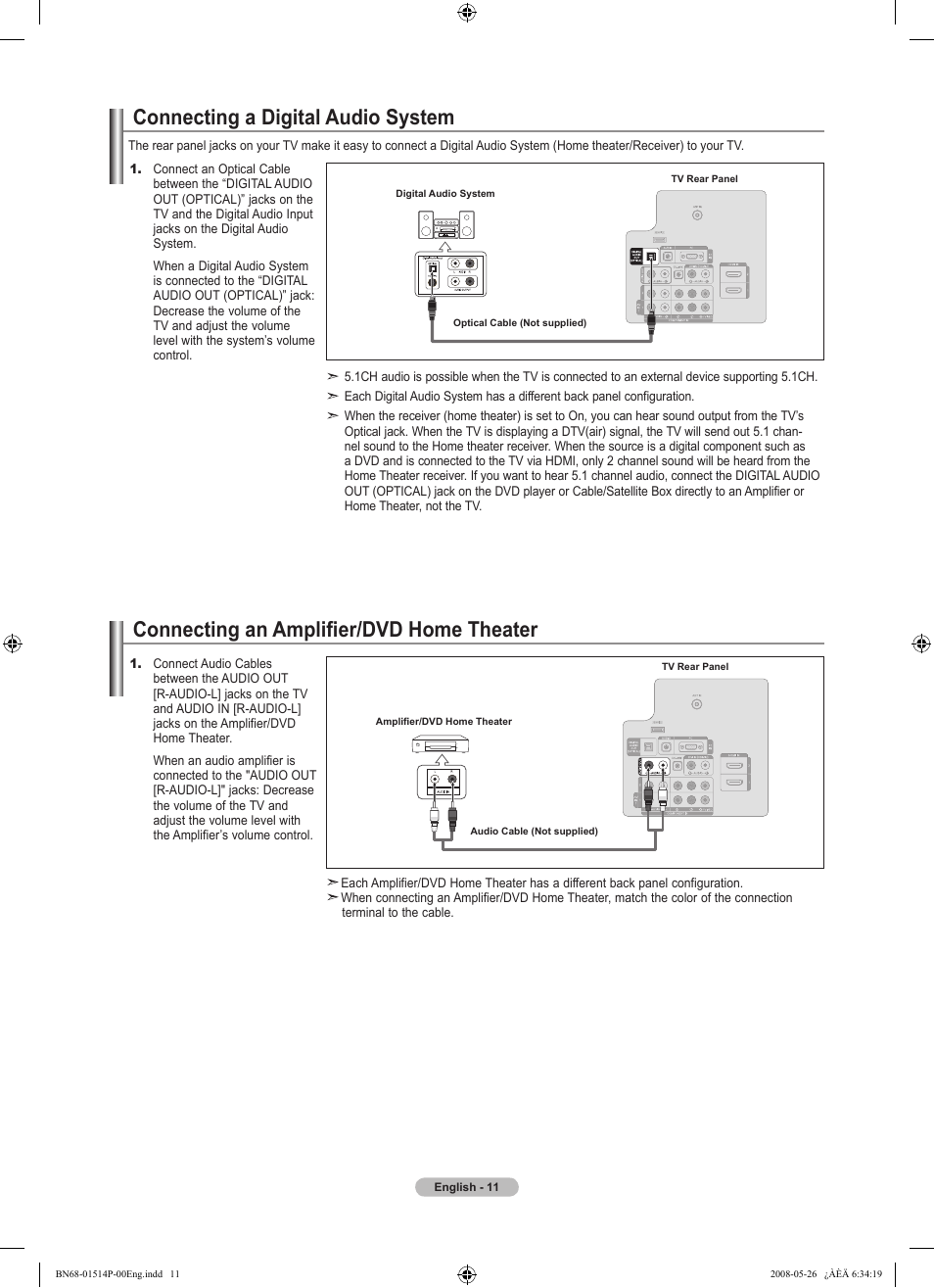 Connecting a digital audio system, Connecting an amplifier/dvd home theater | Samsung LN32A330J1NXZA User Manual | Page 13 / 62