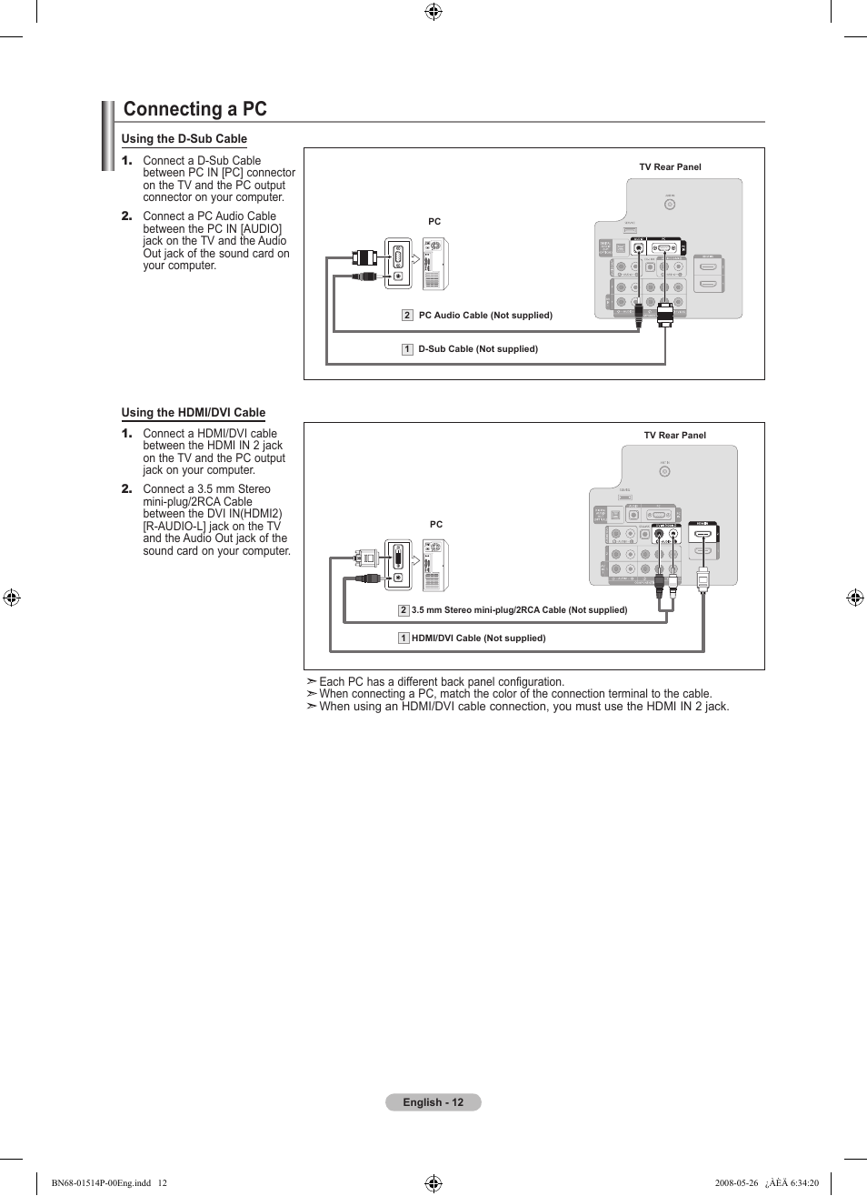 Connecting a pc | Samsung LN32A330J1NXZA User Manual | Page 14 / 62