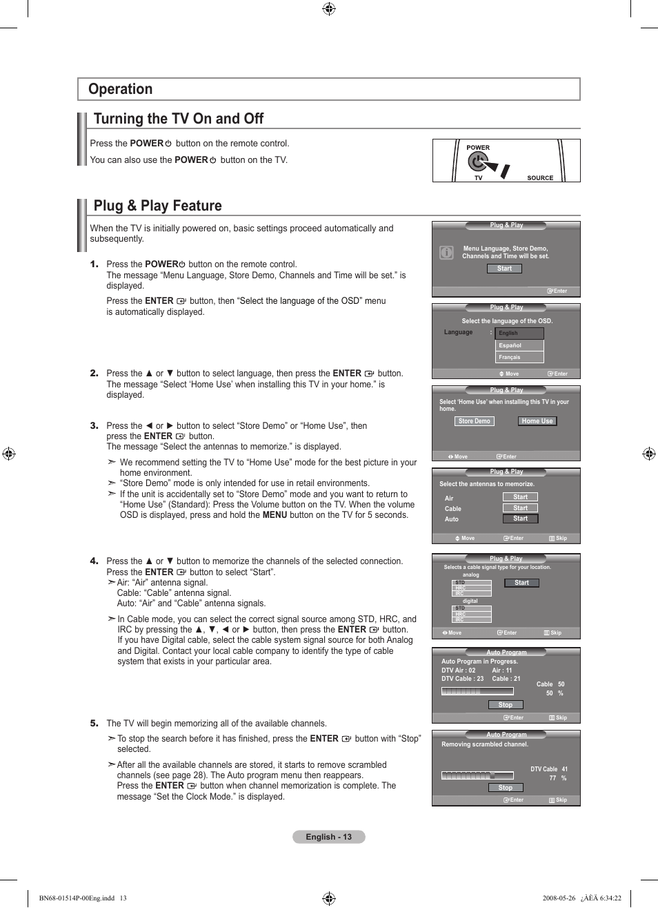 Operation, Turning the tv on and off, Plug & play feature | Samsung LN32A330J1NXZA User Manual | Page 15 / 62