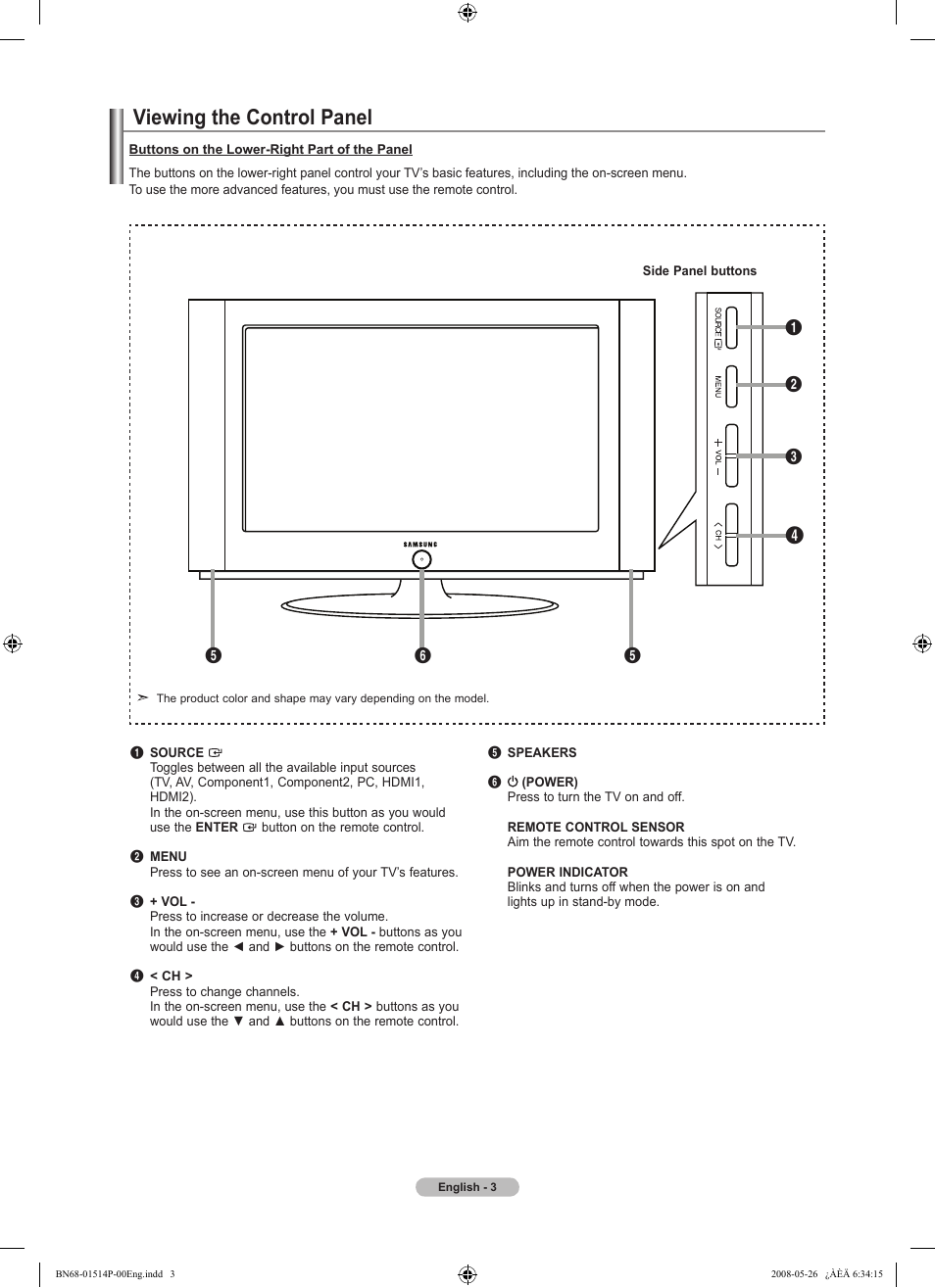 Viewing the control panel | Samsung LN32A330J1NXZA User Manual | Page 5 / 62