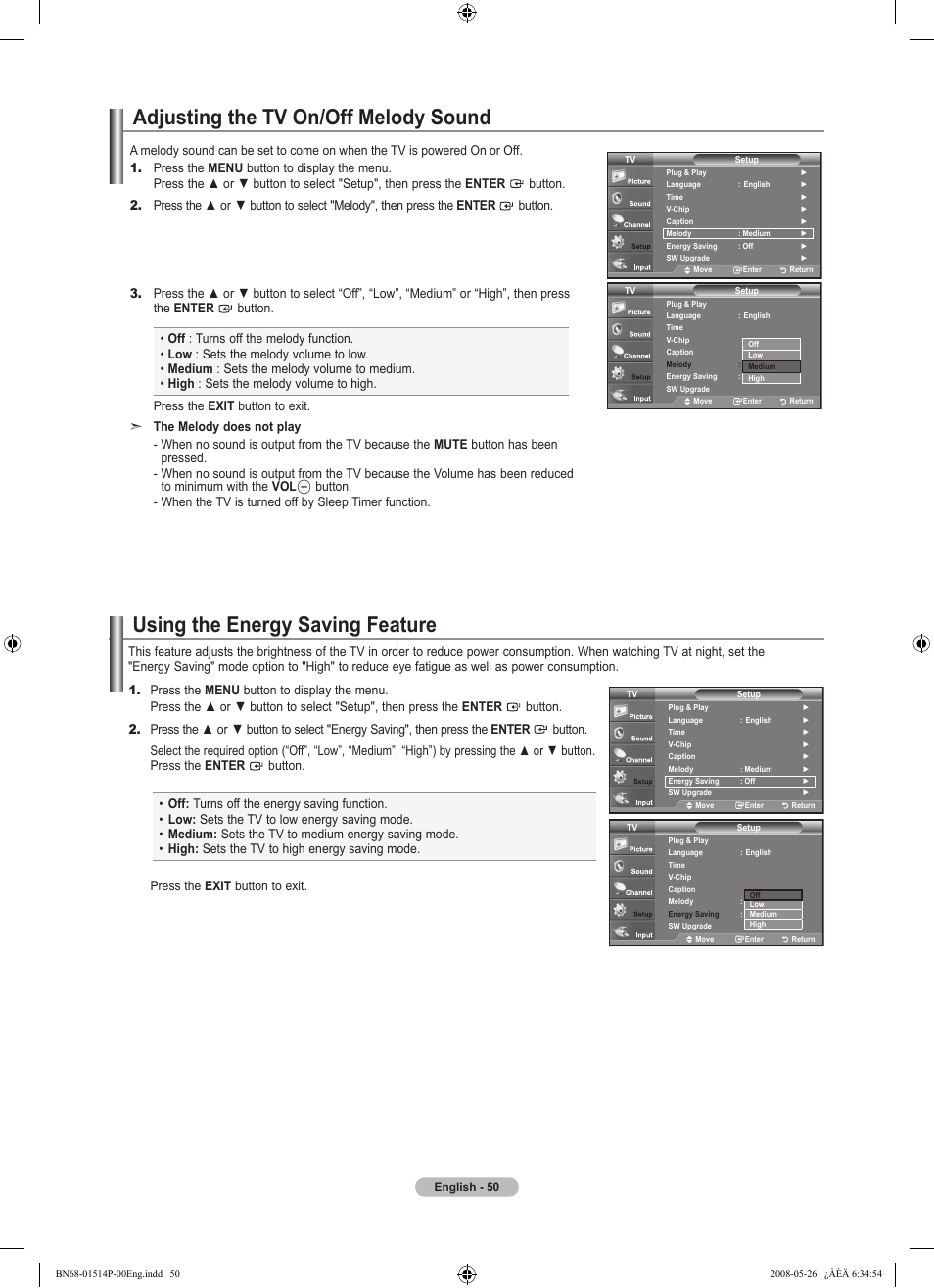 Adjusting the tv on/off melody sound, Using the energy saving feature | Samsung LN32A330J1NXZA User Manual | Page 52 / 62