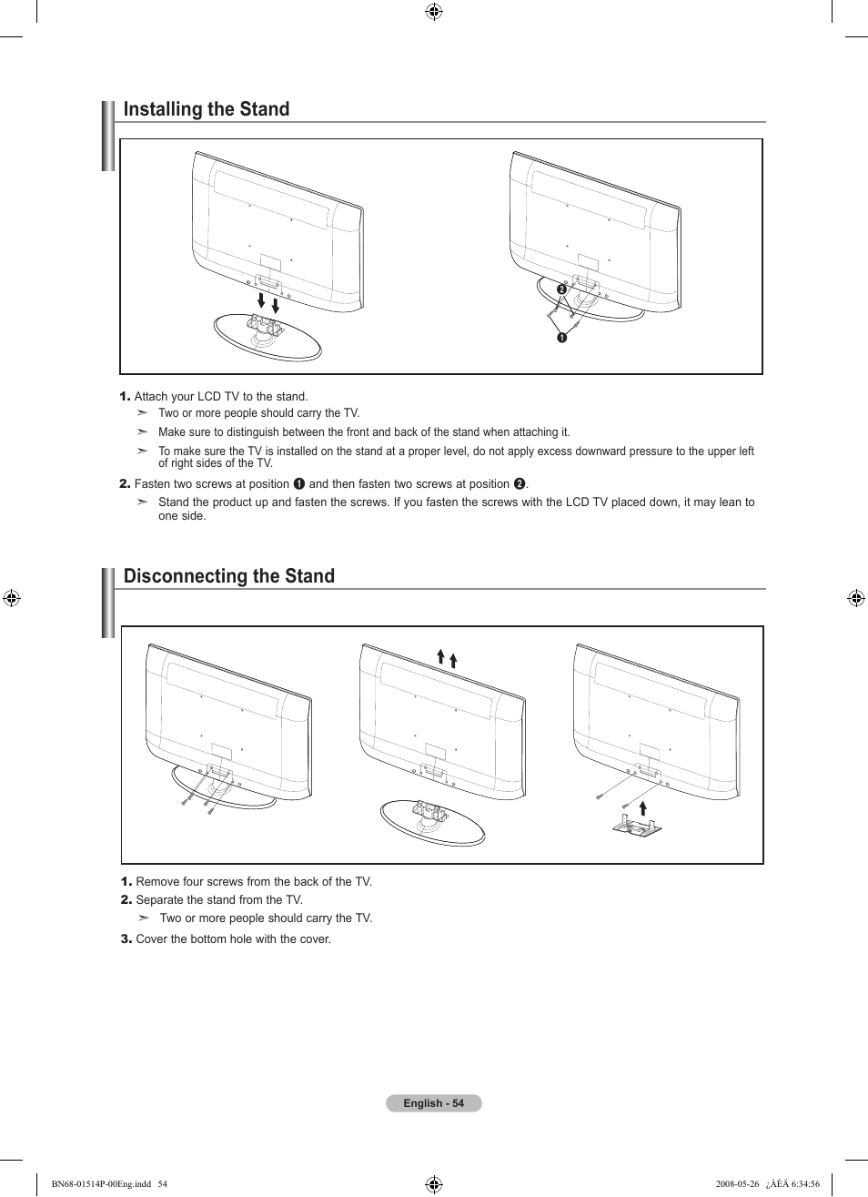 Installing the stand, Disconnecting the stand | Samsung LN32A330J1NXZA User Manual | Page 56 / 62