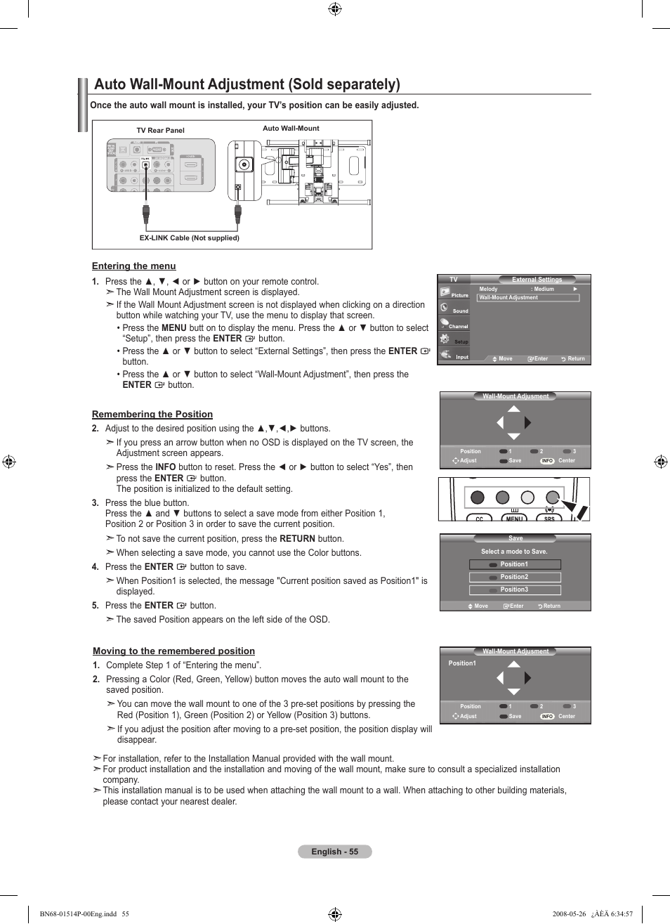Auto wall-mount adjustment (sold separately) | Samsung LN32A330J1NXZA User Manual | Page 57 / 62