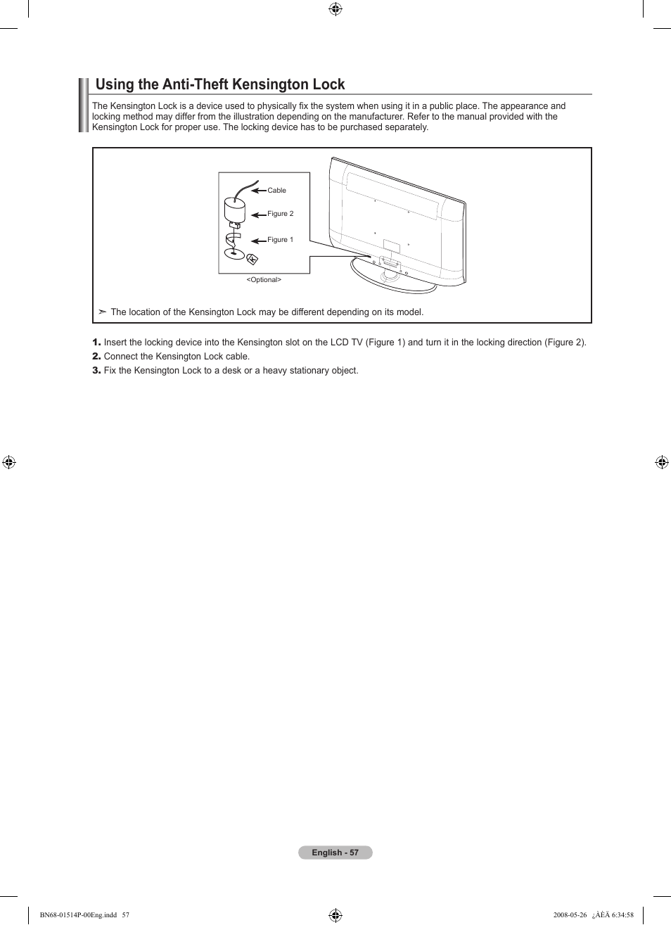 Using the anti-theft kensington lock | Samsung LN32A330J1NXZA User Manual | Page 59 / 62