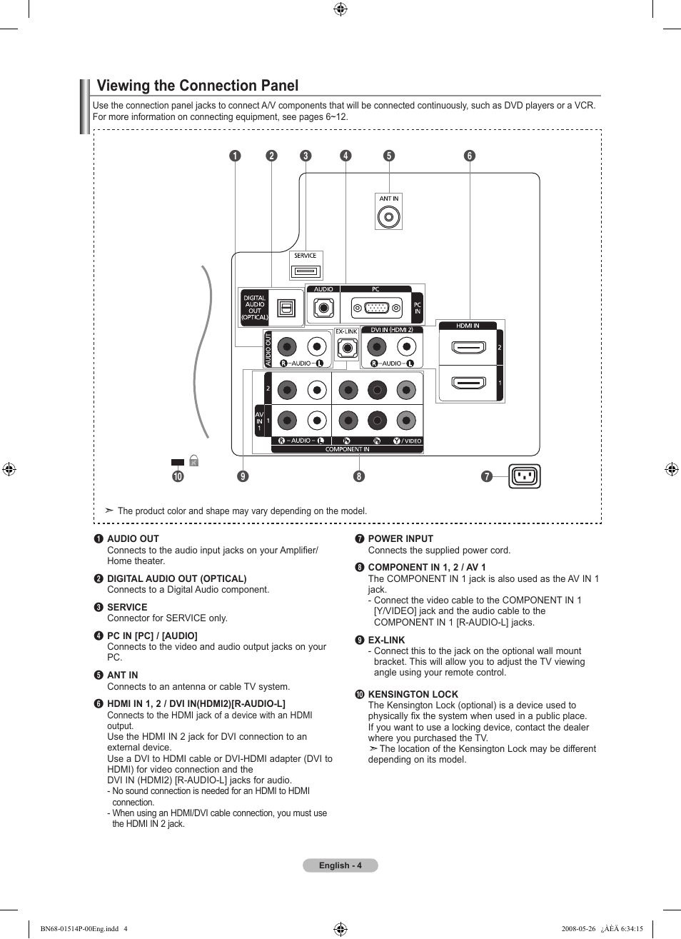 Viewing the connection panel | Samsung LN32A330J1NXZA User Manual | Page 6 / 62