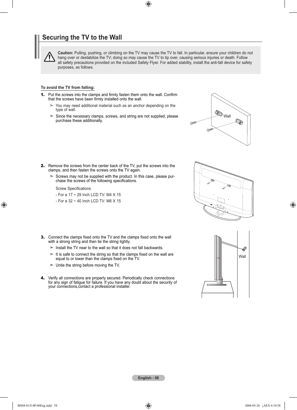 Securing the tv to the wall, 경고 주의 경고 주의 | Samsung LN32A330J1NXZA User Manual | Page 60 / 62