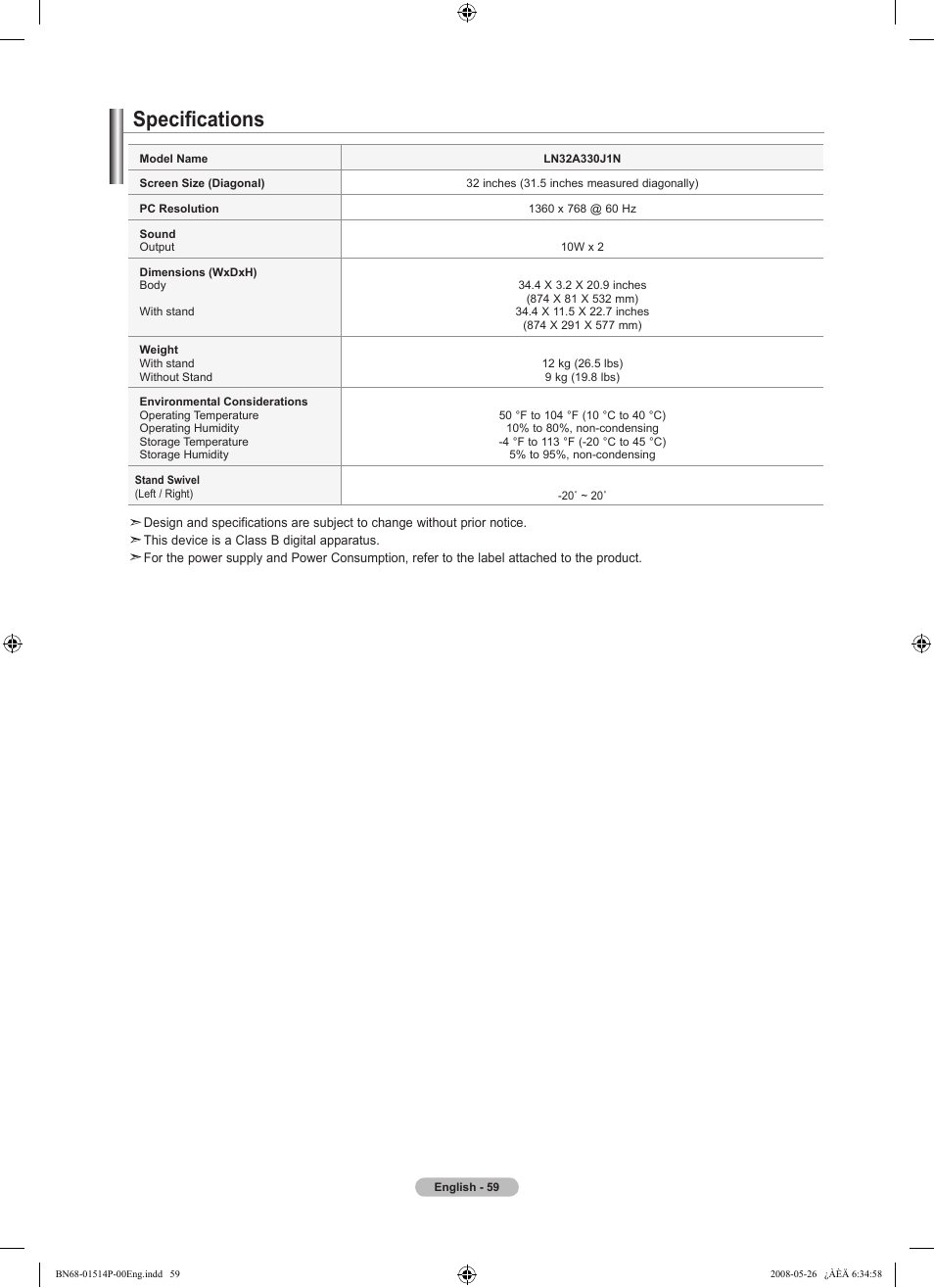 Specifications | Samsung LN32A330J1NXZA User Manual | Page 61 / 62