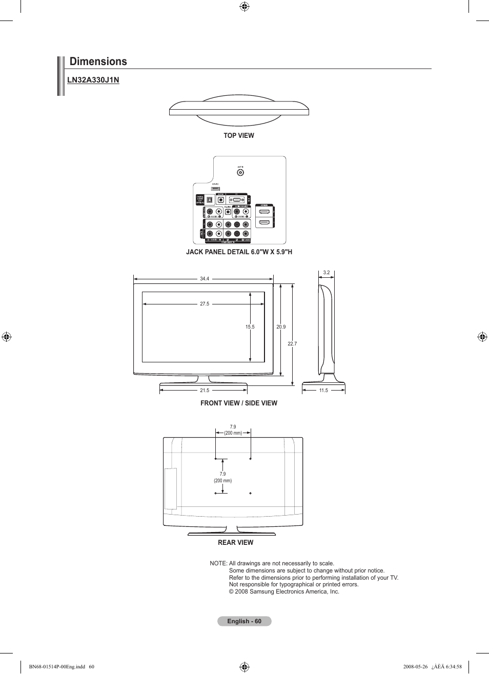 Dimensions, Ln2a0j1n | Samsung LN32A330J1NXZA User Manual | Page 62 / 62