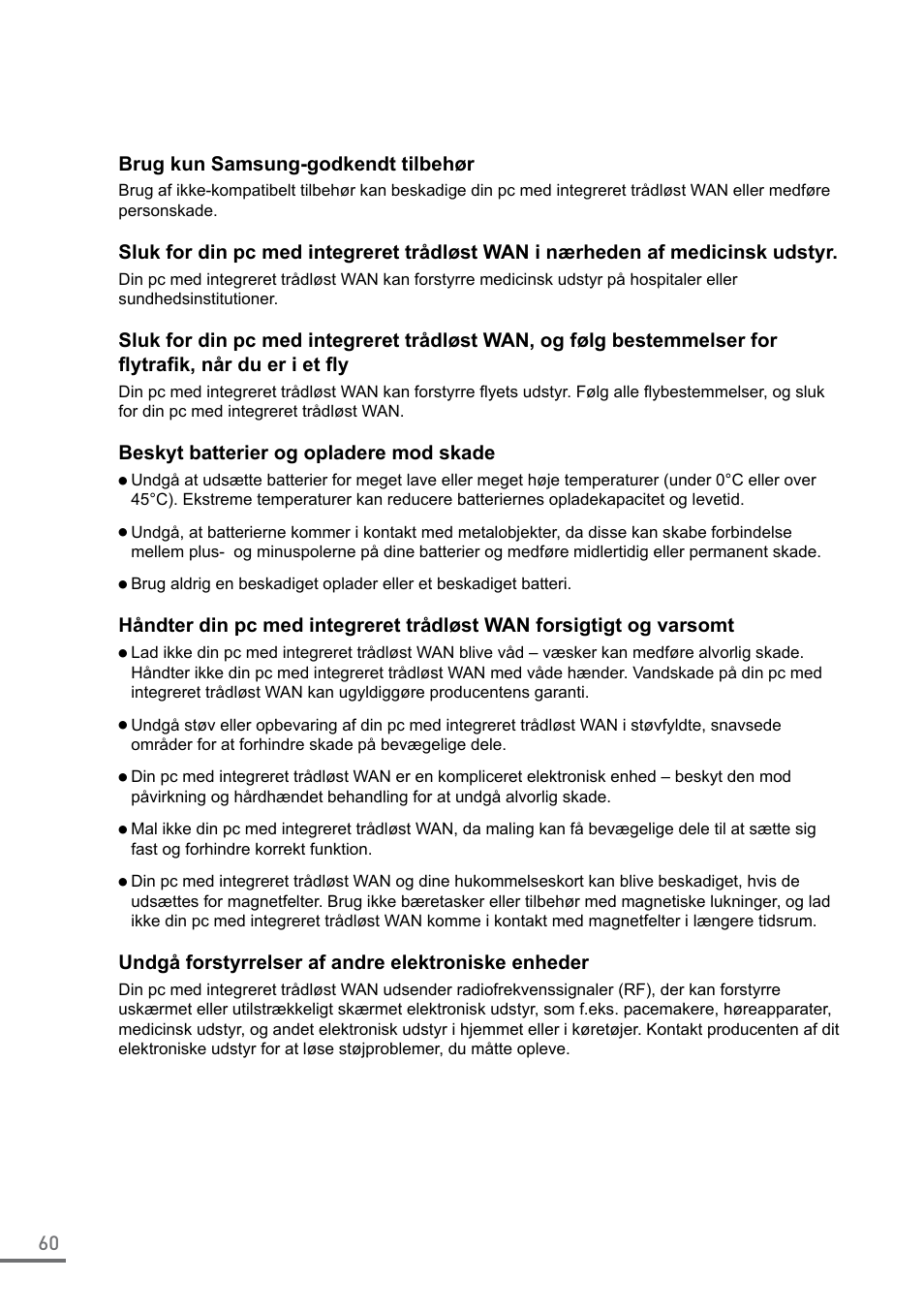 60 brug kun samsung-godkendt tilbehør, Beskyt batterier og opladere mod skade, Undgå forstyrrelser af andre elektroniske enheder | Samsung XE550C22-A01US User Manual | Page 60 / 87