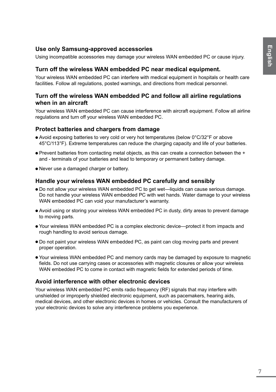 7en gli sh use only samsung-approved accessories, Protect batteries and chargers from damage, Avoid interference with other electronic devices | Samsung XE550C22-A01US User Manual | Page 7 / 87