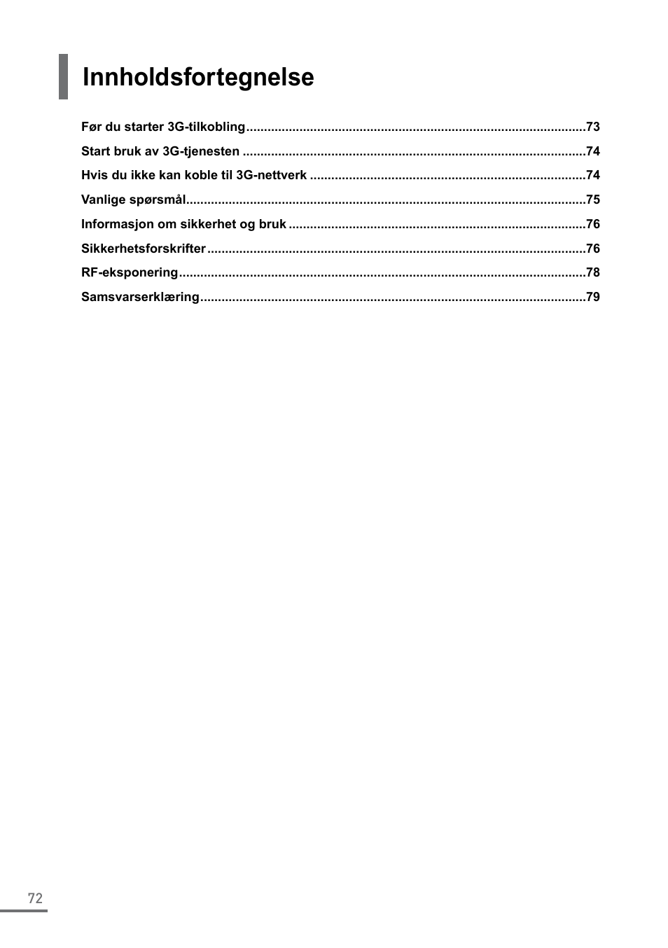 Norsk, Innholdsfortegnelse, 3g-tilkoblingveiledning | Samsung XE550C22-A01US User Manual | Page 72 / 87