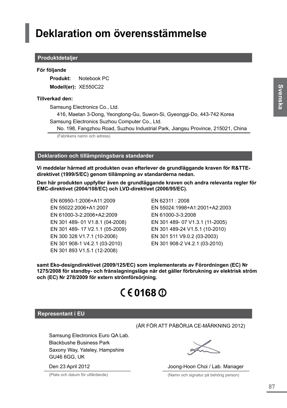 Deklaration om överensstämmelse | Samsung XE550C22-A01US User Manual | Page 87 / 87