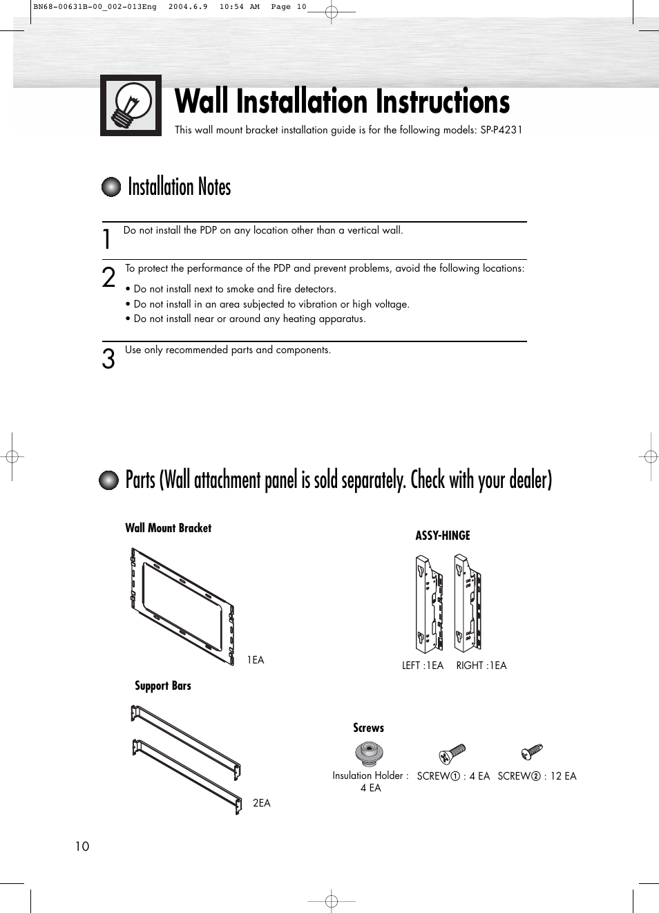 Wall installation instructions | Samsung SPP4231KX-XAA User Manual | Page 10 / 104