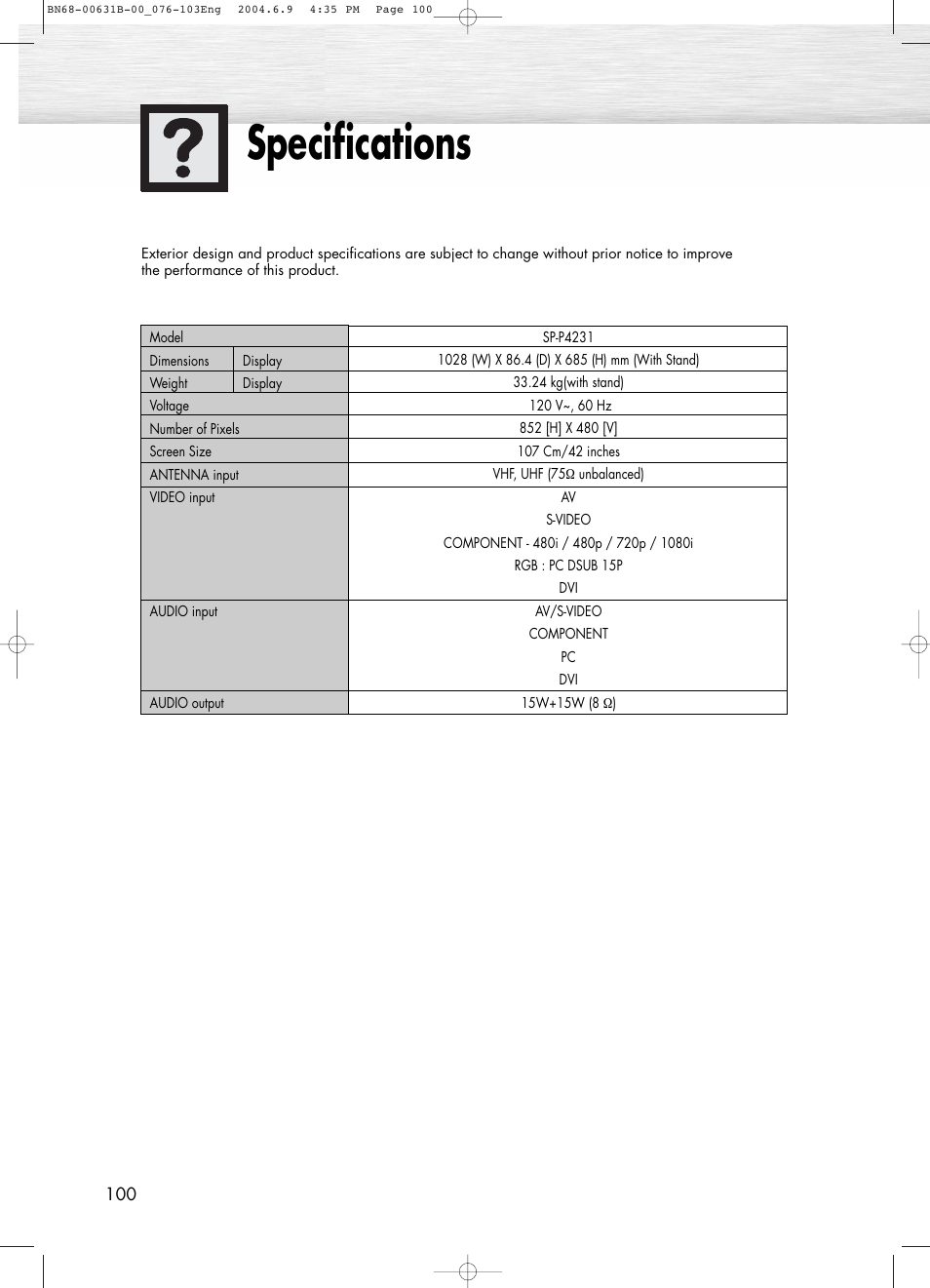 Specifications | Samsung SPP4231KX-XAA User Manual | Page 100 / 104