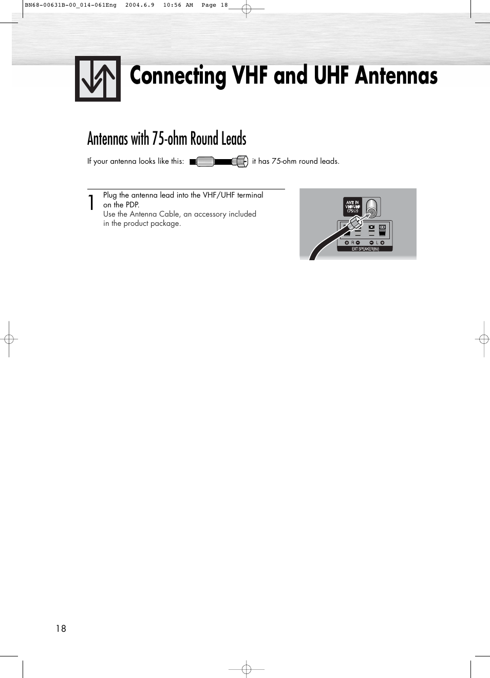 Connecting vhf and uhf antennas, Antennas with 75-ohm round leads | Samsung SPP4231KX-XAA User Manual | Page 18 / 104