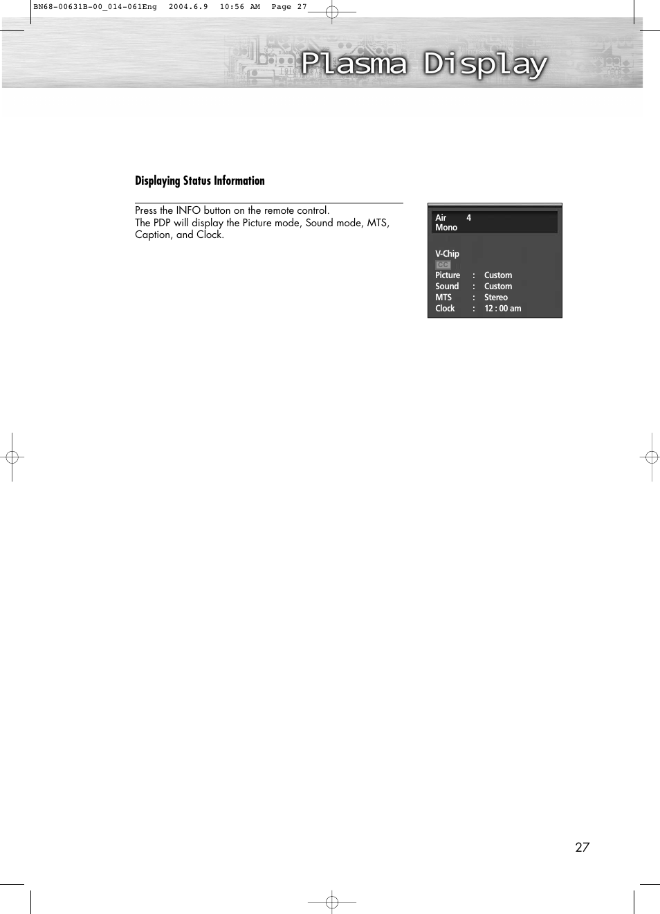 27 displaying status information | Samsung SPP4231KX-XAA User Manual | Page 27 / 104