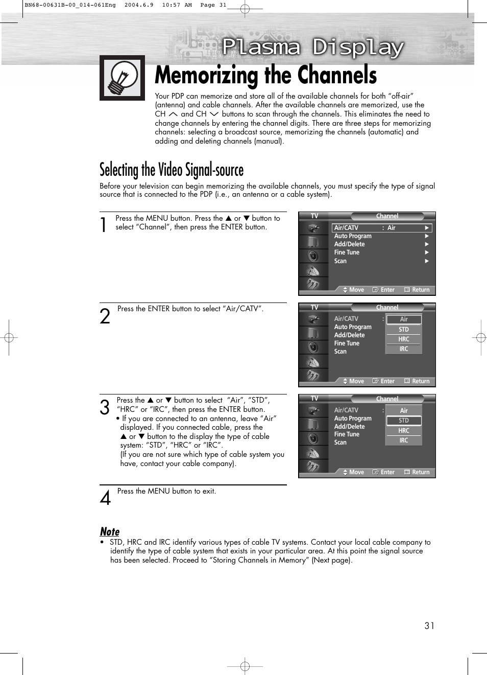 Memorizing the channels, Selecting the video signal-source | Samsung SPP4231KX-XAA User Manual | Page 31 / 104